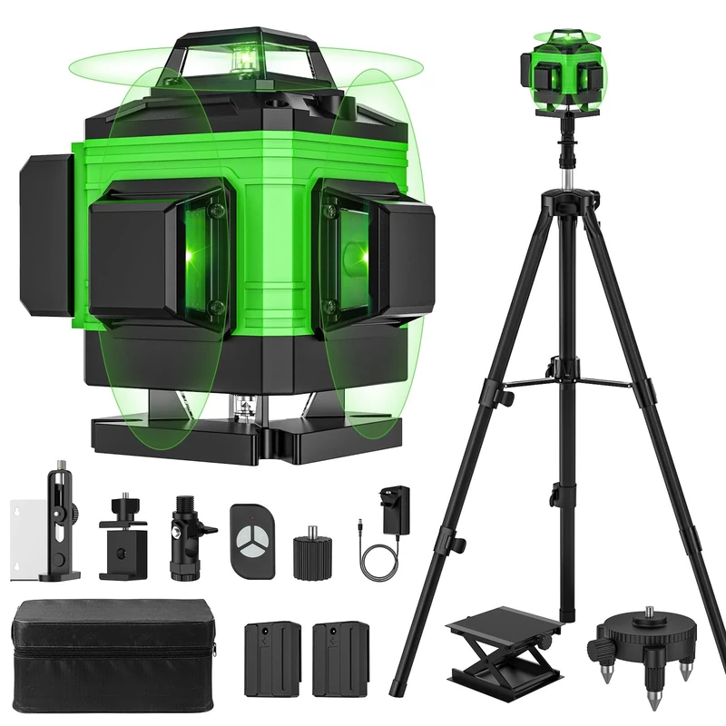 Laser Level Self Leveling 4 x 360°, 4D 16 Lines Green Professional Laser Level with 2 x 2400mAh Batteries, Adjustable Brightness Pulse Mode, Swivel Base Remote Control Wall Bracket (with Tripod Base)