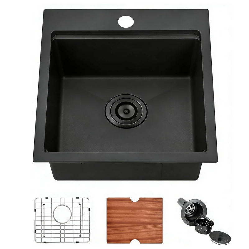 Ikebana Black Bar Sink 18x18 Drop in Kitchen Sink, Topmount RV Wet Bar Sink 18 inch, Stainless Steel Deep Single Bowl Small Kitchen Sinks with Workstation