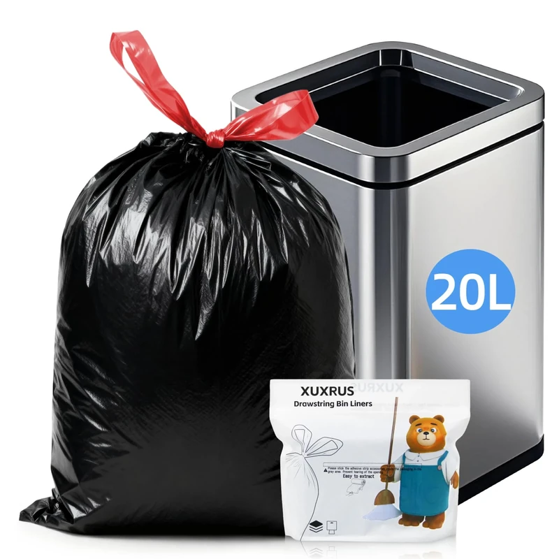 XUXRUS 20 Litre Bin Bags Black Strong Pedal Bin Liners 60 Bags Black Drawstring Rubbish Bags with Handles, Thickened Leak-Proof Waste Liners for Bathroom, Bedroom, Kitchen