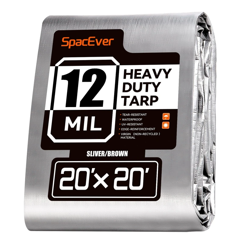 Spacever Tarp Heavy Duty 20x20 FT, 12 Mil Thick Large Tarps Water-Proof with Grommets, UV& Tear Resistant, Plastic Cover for Pool Roof Tent Outdoor Firewood, Silver& Brown