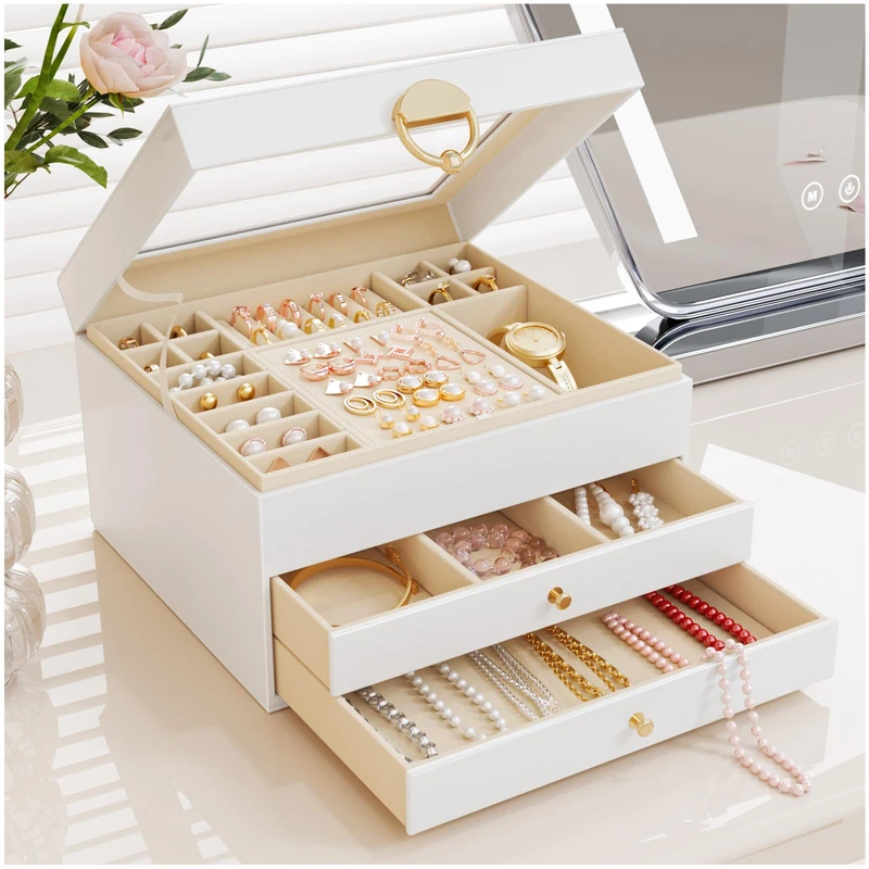 OrderlyGo 3-Tier Jewellery Box, Large Jewellery Organiser with Transparent Lid for Jewellery, Necklaces & Bracelets, Sturdy Jewellery Storage with Velvet Lining (Matte White)