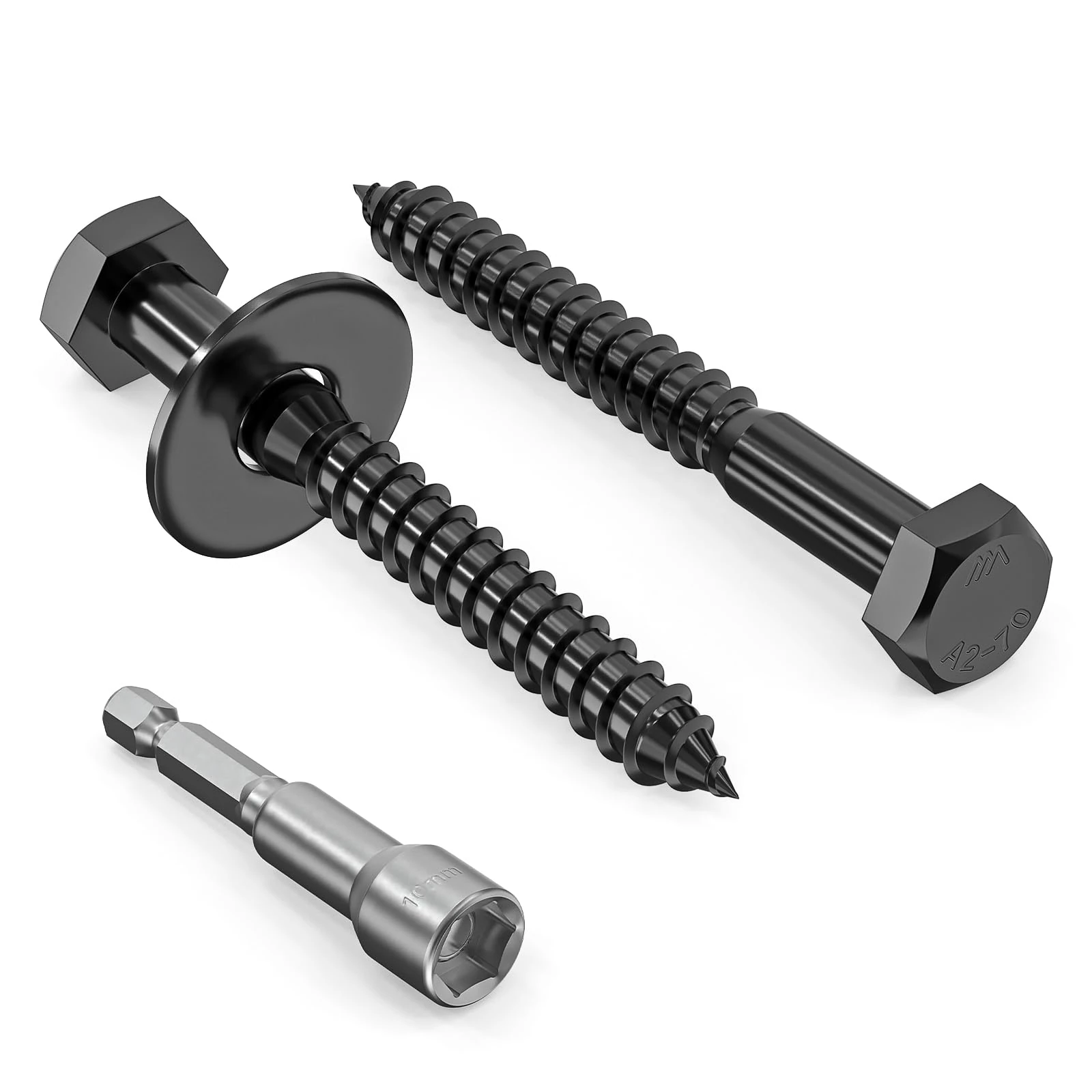 Valorada 20Pcs M6 x 50mm Coach Screws, Heavy Duty Lag Bolts 304 Stainless Steel, 50mm Wood Screws, Hex Head Partial Thread Black Oxide, with Washers and Hex Socket Drill Bit