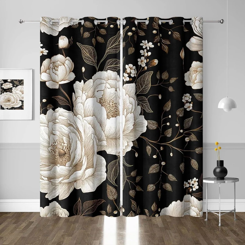 Black and Gold Blackout Curtains, Dark Roses Leaves Botanical Aesthetic Boho Floral Grommet Drapes, Vintage Rose Gold Flowers Unique Chic Window Panels Room Darkening Curtain Drapes, 52x84,2 Panels