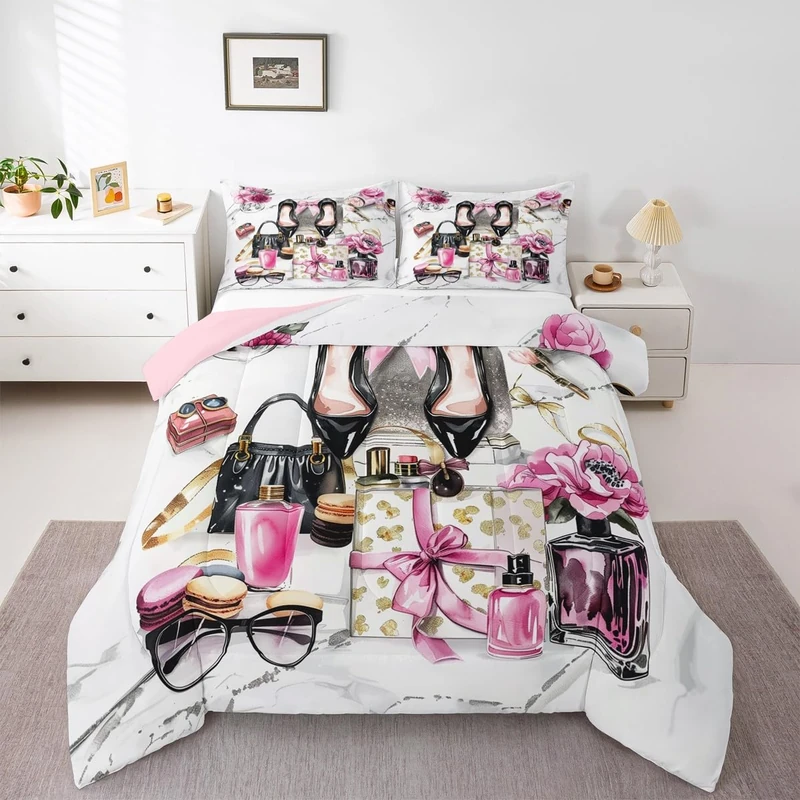 Erosebridal Pink Comforter Full Size Cute Flower Girly Bedding Set Bow Coquette Sweet Bed Sets Modern Magazine Silver High Heel Girls Women Duvet Insert Preppy Makeup Romantic Fantasy Room Decor