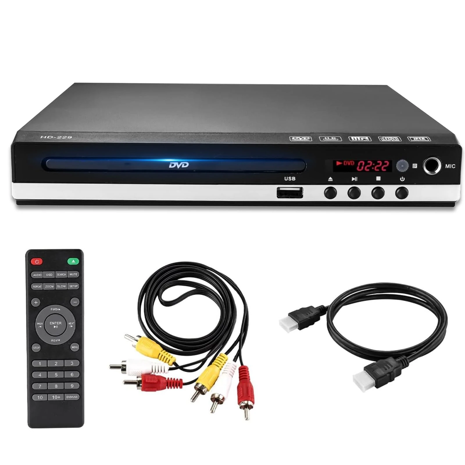 PopuLike DVD Player for TV, 1080P Multi Region Free DVD Player with HDMI/AV Output, USB 2.0 Input, Microphone Port, Remote Control, Supports PAL/NTSC Formats for Home Use