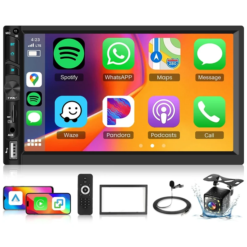 Double Din Car Stereo with Apple Carplay Wireless Android Auto, Hodozzy 7" HD IPS Touchscreen 2 Din Car Radio with Bluetooth Youtube EQ FM SWC Backup Camera+USB/TF Card Ports+Remote Control+Frame