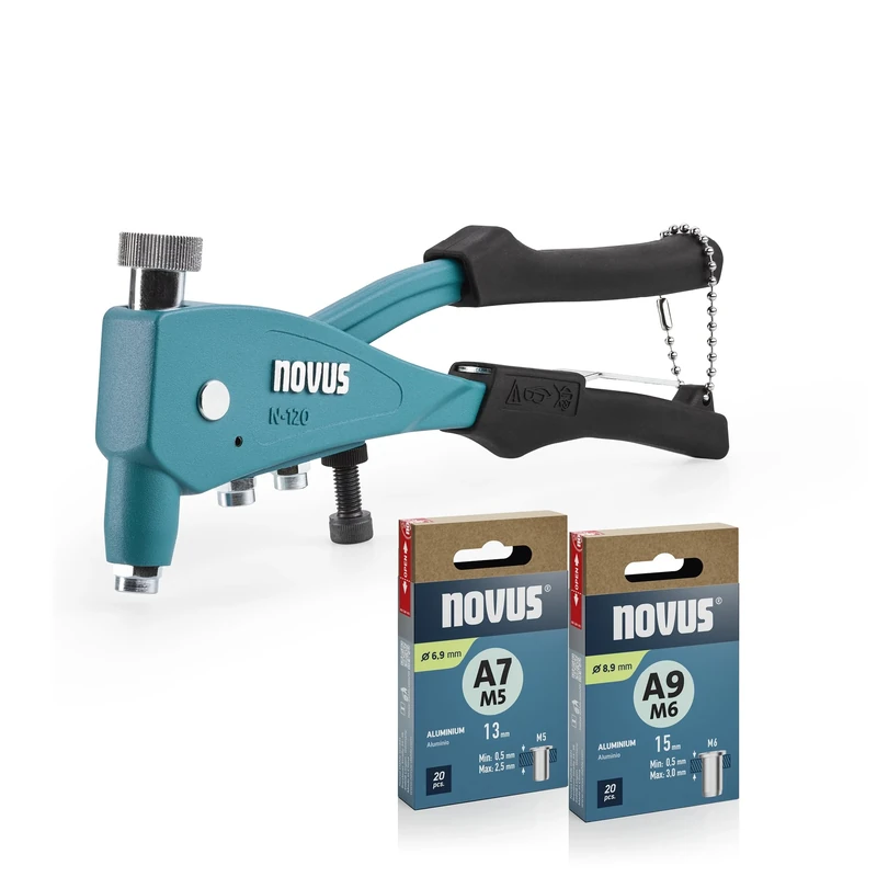 NOVUS TOOLS Blind Rivet Nut Pliers N-120 Set with 40 Rivet Nuts, Universal Professional Rivet Nut Pliers with Precision Head, Integrated M4/M5/M6 Mouthpieces with Threaded Mandrel, for Aluminium or