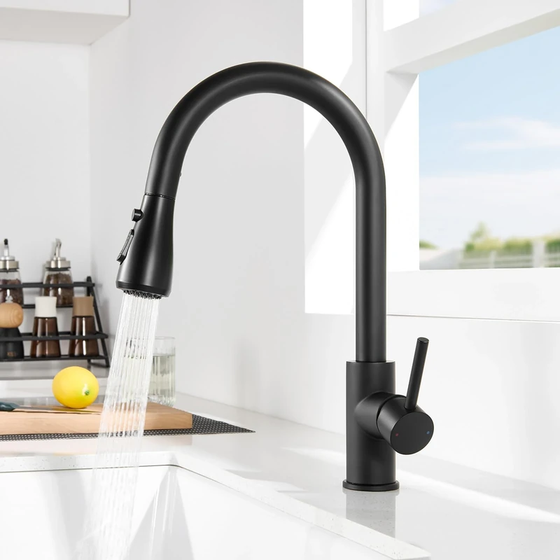 DERW Black Kitchen Tap, Kitchen Mixer Taps with Pull Out Sprayer, Swivel Spout with 2 Modes Spray, Stainless Steel Construction, Single Handle for Easy Control, Anti-Burst Hose, Quick Installation