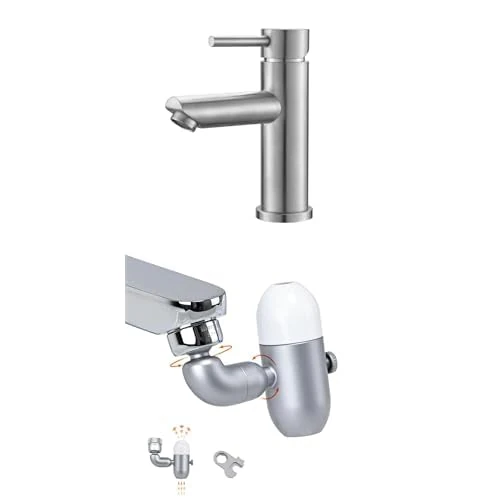Ibergrif Set – Stainless Steel Bathroom Basin Mixer Tap + 360° Swivel Faucet Aerator with 4 Spray Modes, Anti-Limescale Filter and Brass Extension – Easy to Install