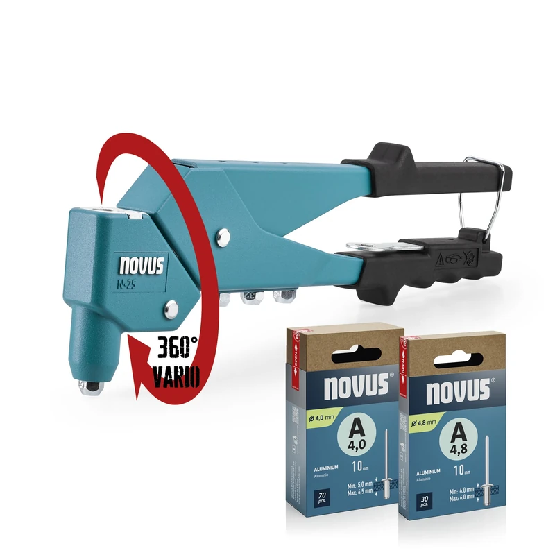 NOVUS TOOLS N-25 Vario Set of 100 Blind Rivets Aluminium Rivet Pliers with 360° Swivel Head, 1-Hand Operation, Ergonomic Handle Design, Return Spring