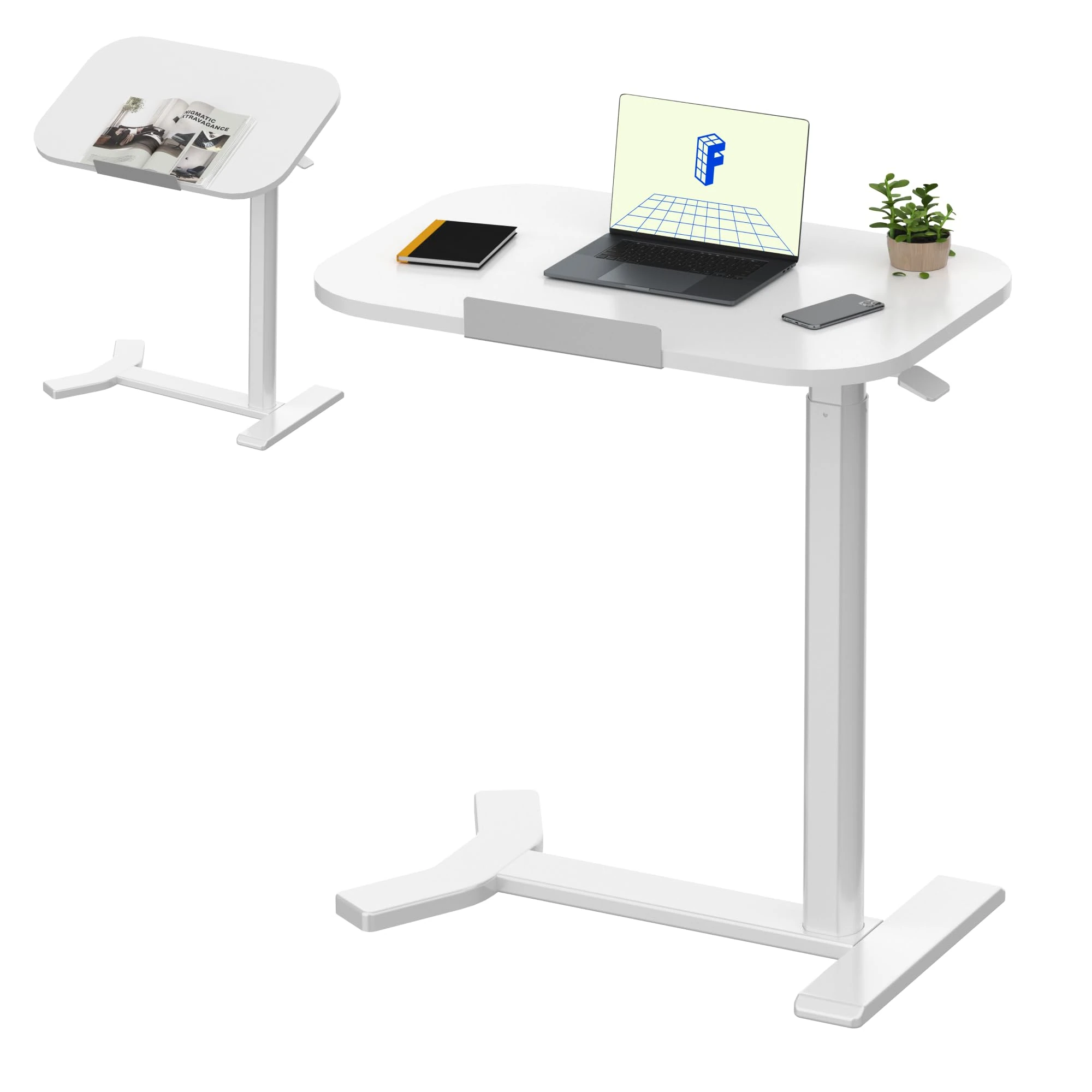 FLEXISPOT C-Shaped Side Table Height Adjustable End/Bedside Table for Sofa Bedroom Living Room Office, Pneumatic Standing Desk Coffee Table for Small Spaces, 60 x 40 White