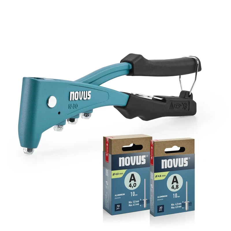 NOVUS TOOLS Blind Riveter N-30 Set of 100 Blind Rivets, Ergonomic Professional Riveter with 1-Hand Operation and Handle Locking, Universal Riveting Pliers for Aluminium and Steel Rivets