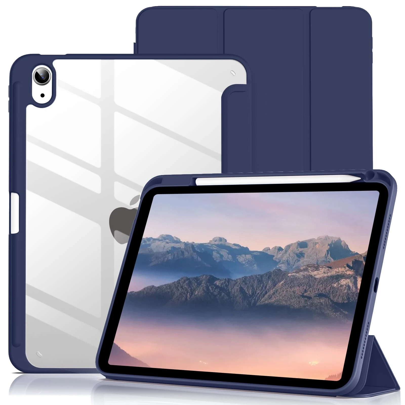 Lsmmpoba Case for iPad (A16) 11th Generation 11 Inch 2025, iPad 10th Generation 10.9 Inch 2022 with Pencil Holder, Clear Transparent Back Shell Shockproof Cover, Navy Blue