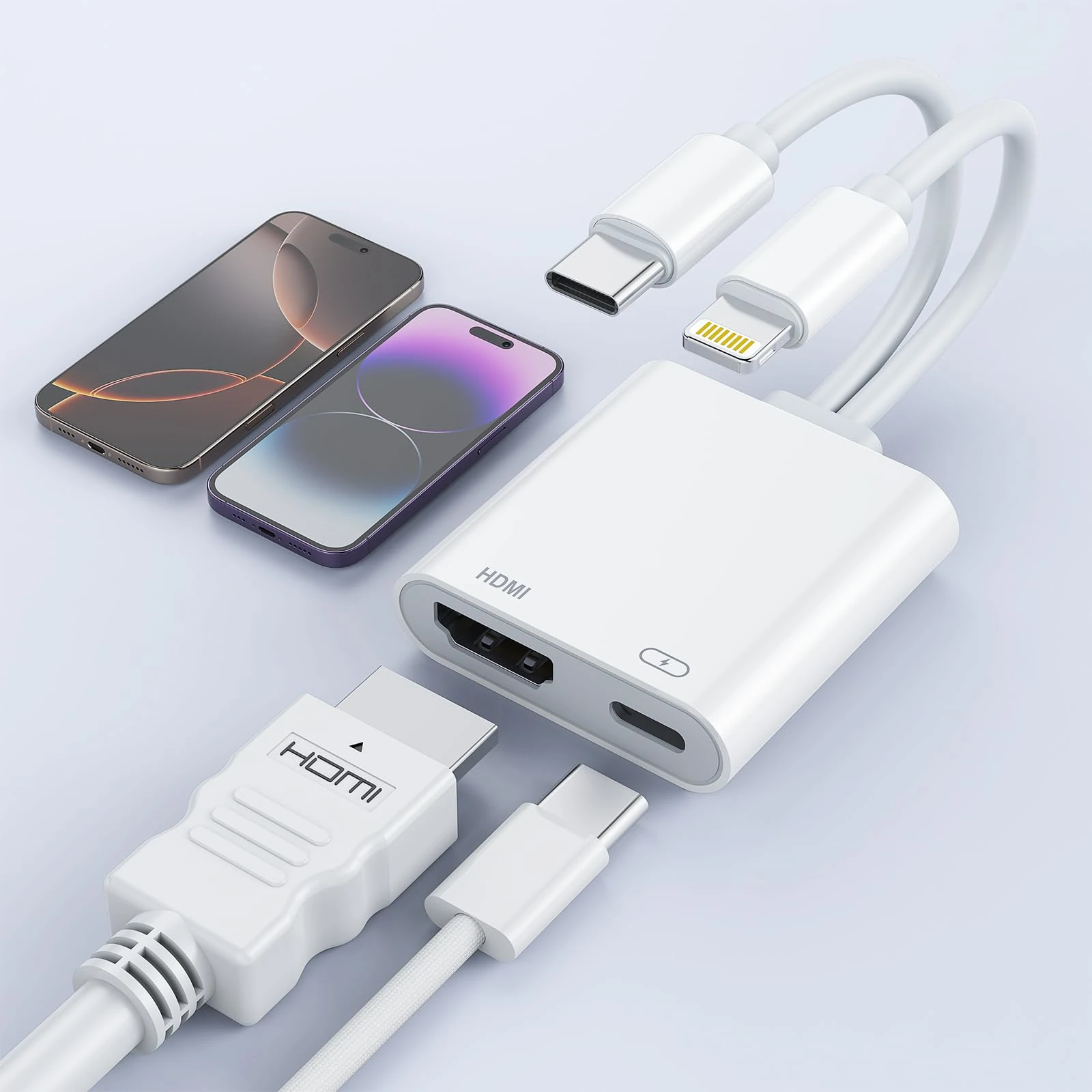 USB-C and Lightning to HDMI Adapter for iPhone ipad to TV [2025 New, MFi Certified], 2 in 1 4K@60 Hz Sync Screen Apple Lightning to Digital AV Adapter for MacBook, iPhone16/15, iPad to TV/Projector