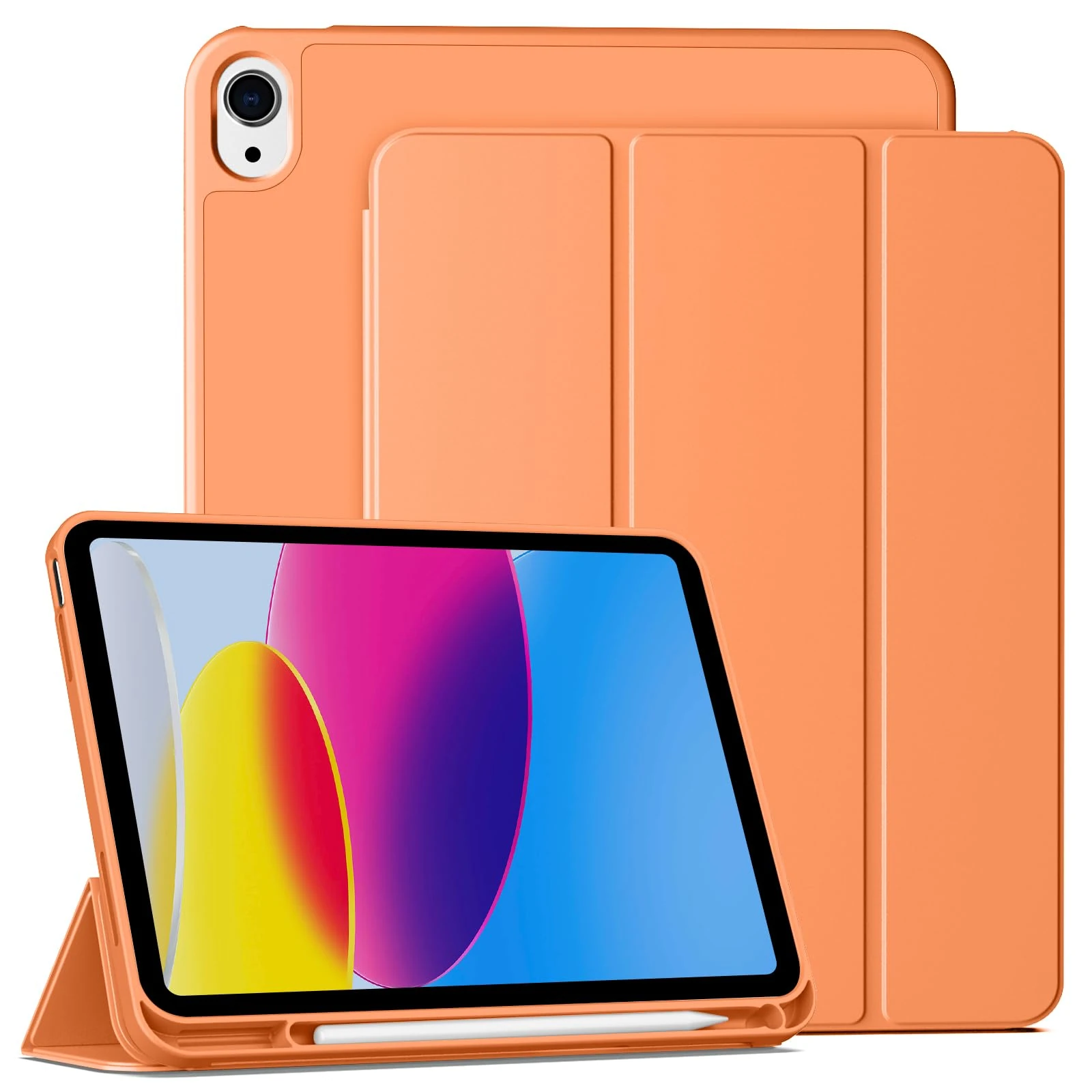 IAMKHO Case for iPad (A16) 11th Generation 11 Inch 2025, iPad 10th Generation 10.9 inch 2022, Slim Trifold Stand Protective Cover with Pencil Holder, Auto Wake/Sleep, Support Touch ID - Orange