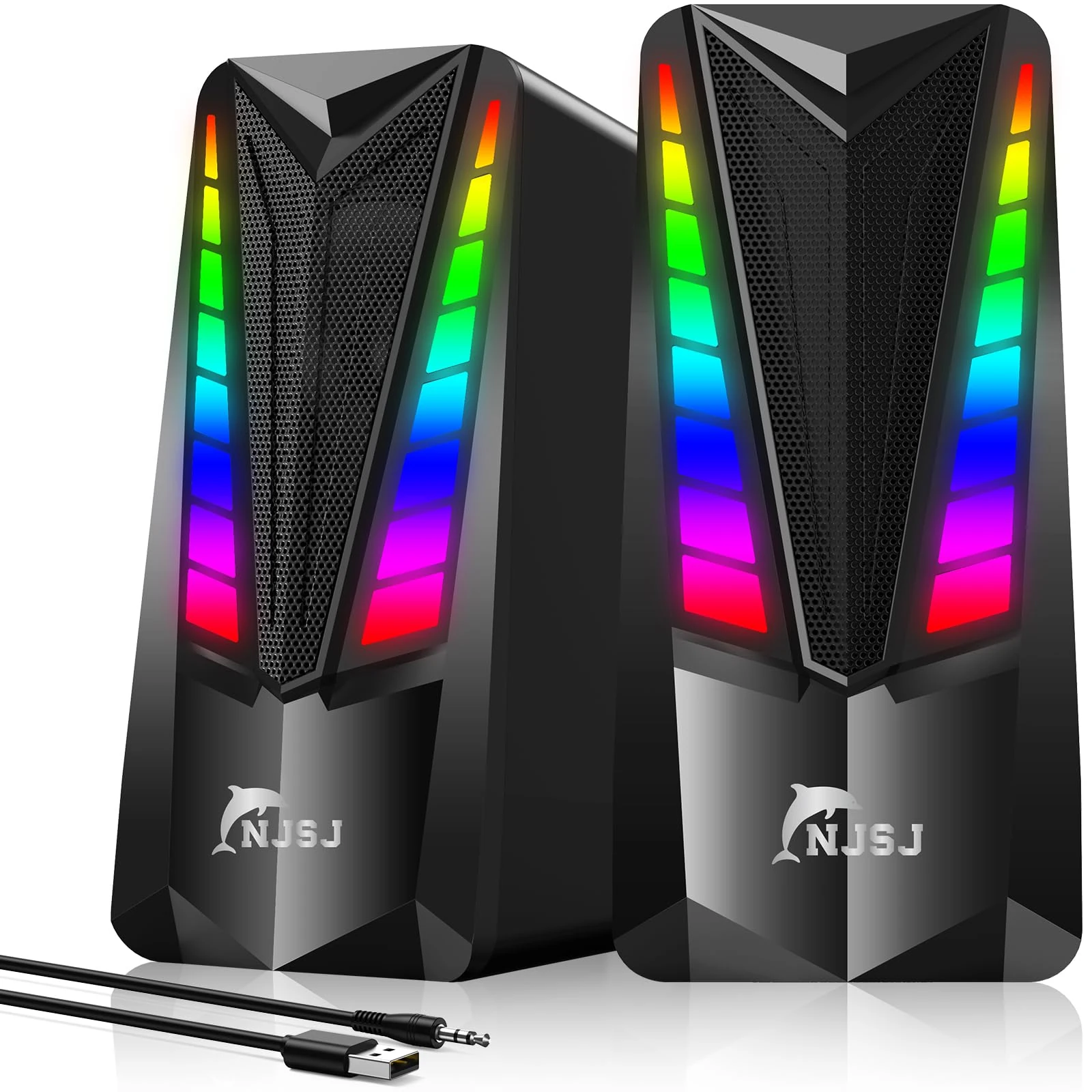 NJSJ Computer Speakers, PC Speakers for Gaming with 7 Dynamic RGB Modes, Volume Control, 2.0 USB-Powered & 3.5mm Aux-in Stereo Multimedia Speakers for Desktop, Laptops, Monitor, Projectors (Black)