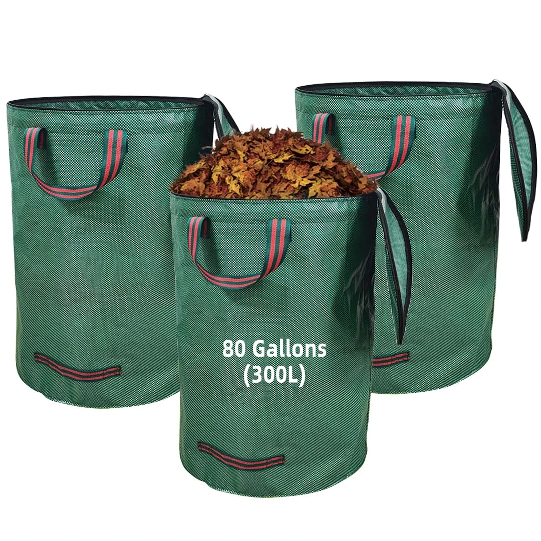 3× 300L Large Garden Waste Bags Heavy Duty with Lid Waterproof Foldable Reusables with Handles Garden Waste Bags Heavy Duty for Grass Leaves Hedge Cuttings Debris
