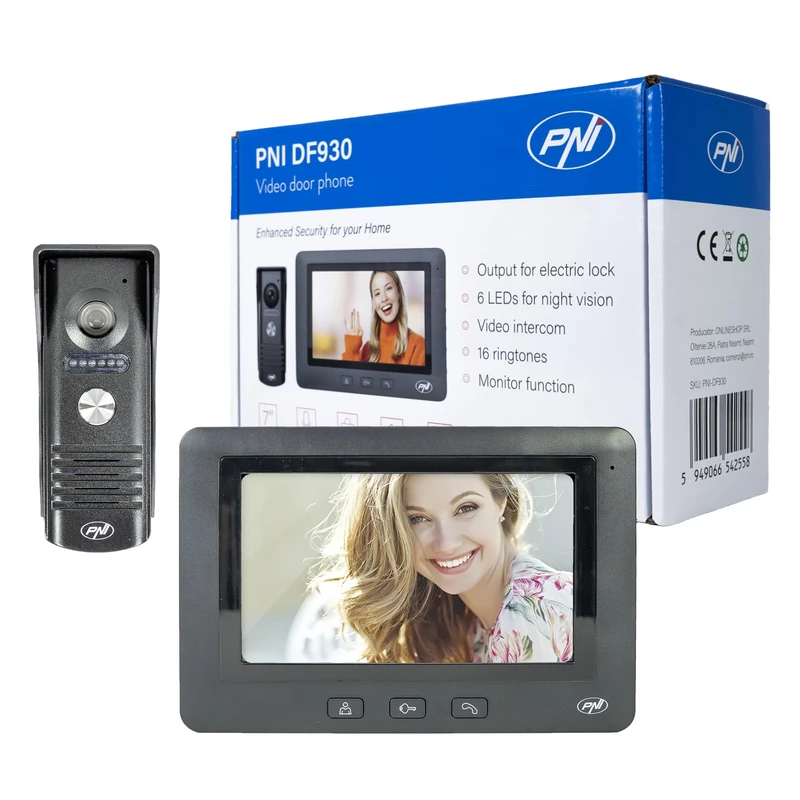 PNI DF930 video intercom with 1 monitor, 7 inch LCD screen, 800x480, electromagnetic yala output, black