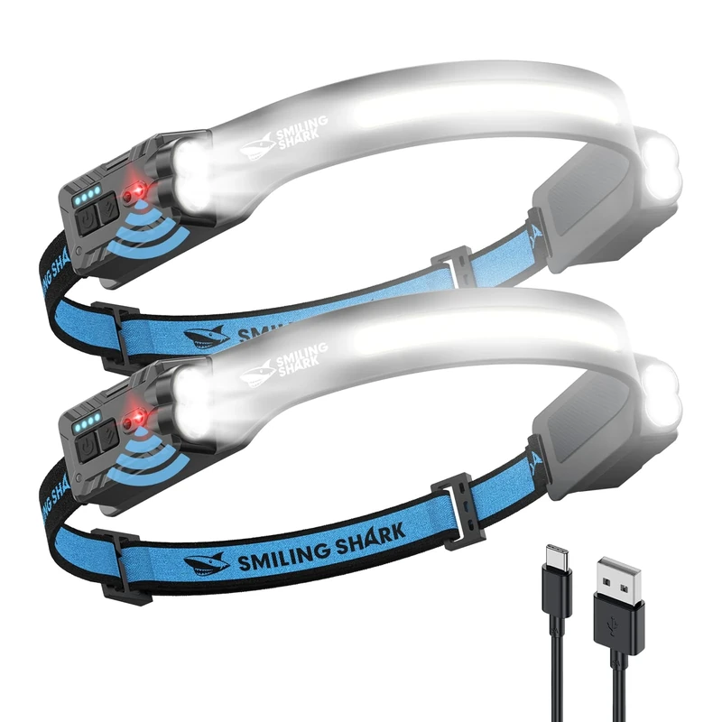 Smiling Shark TD-0123-S Headlamp, 2-Pack 2400mAh Ultra-Bright Head Lamp Flashlight Rechargeable with Hands-Free Motion Sensor, Multi-Mode LED Head Lamp with 270°Rotated for Outdoor, Camping, Hiking