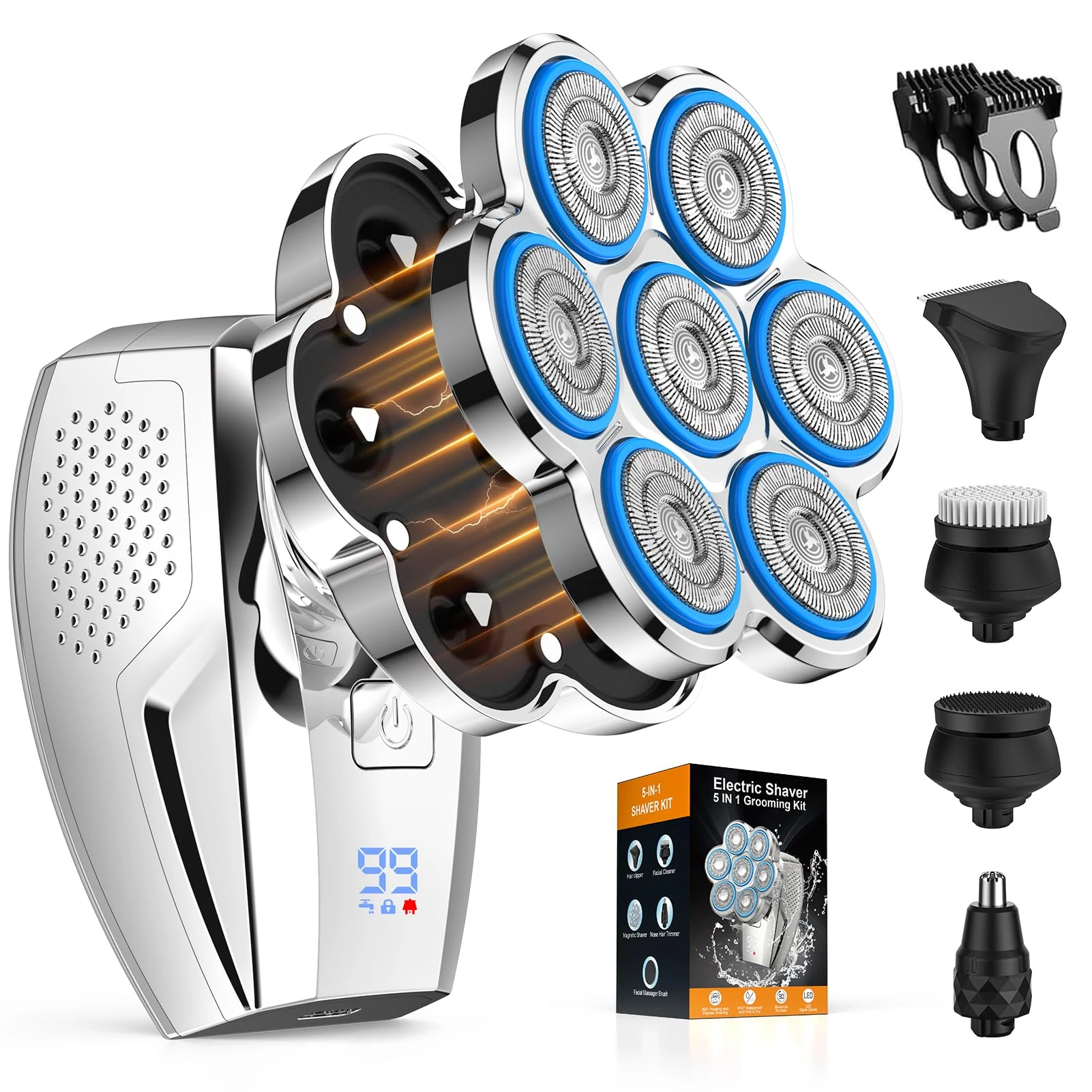 iWarmbase Head Shavers for Men, Magnetic Anti-Pinch Head Shaver for Bald Men,5-in-1 Mens Grooming Kit with Nose Hair Trimmer, Beard Trimmer, Waterproof and Rechargeable Electric Shavers