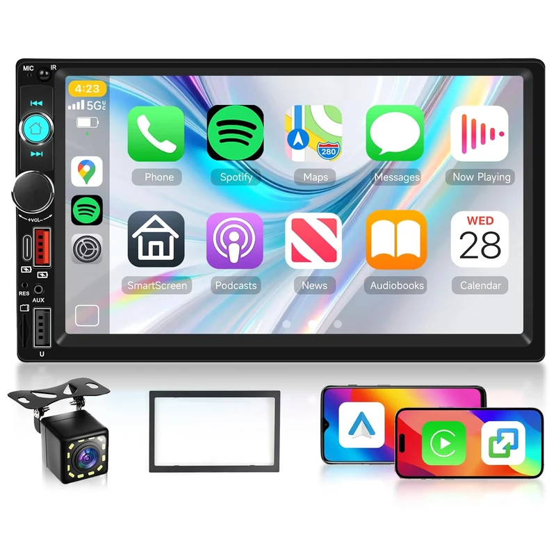 Hodozzy Double Din Car Radio with Wireless Carplay and Android Auto, 7 Inch HD Touchscreen Bluetooth MP5 Car Stereo with FM, Mirror Link Car Head Unit USB/AUX/TF/Type-C/Video Playback with Camera