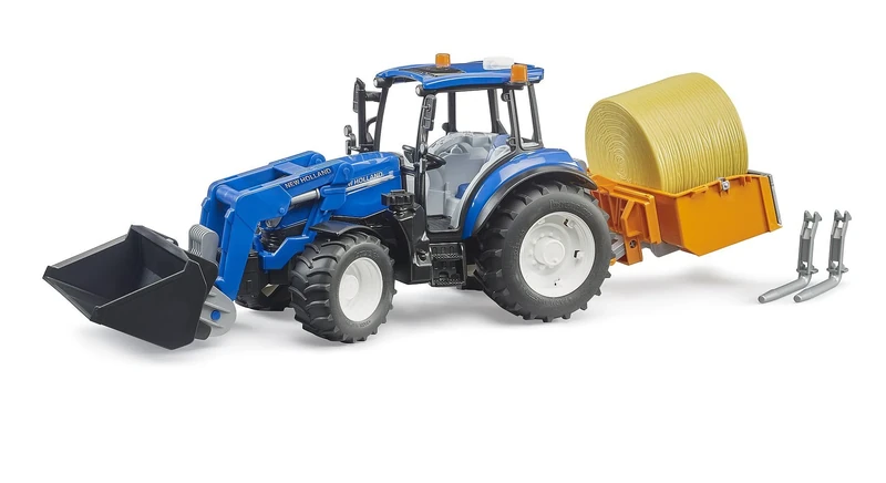 Bruder 02187 New Holland T5.120 Tractor with Front Loader, Loading Box, Forks & Round Bales – 1:16 Scale Farm Vehicle Playset for Kids