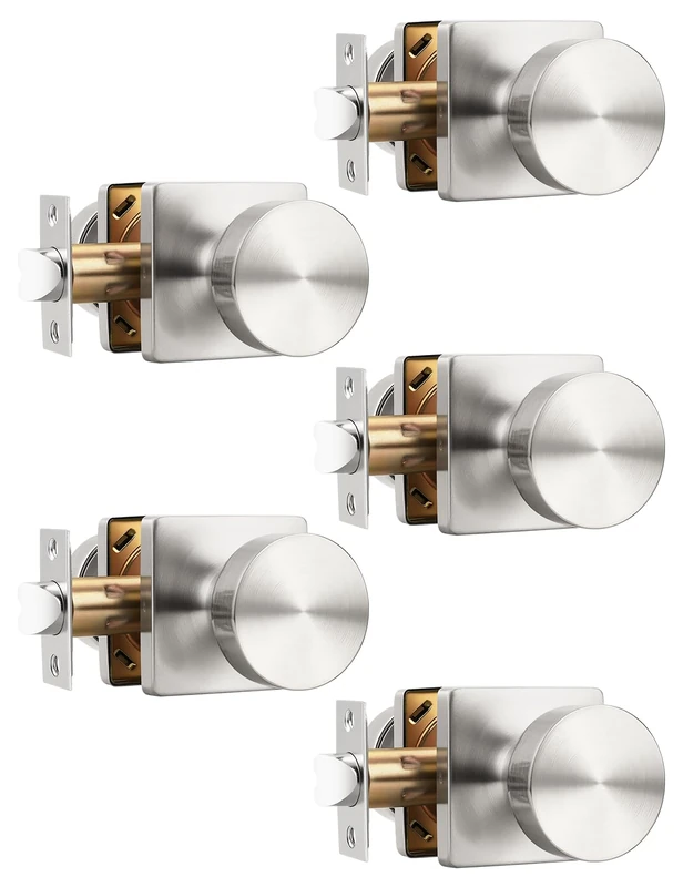 Tinewa 5 Pack Brushed Nickel Interior Passage Door Knob, Handle for Closet and Hallway Doors, Heavy Duty Square Non-Locking Door Knob, Keyless Door Knobs on Square Rose