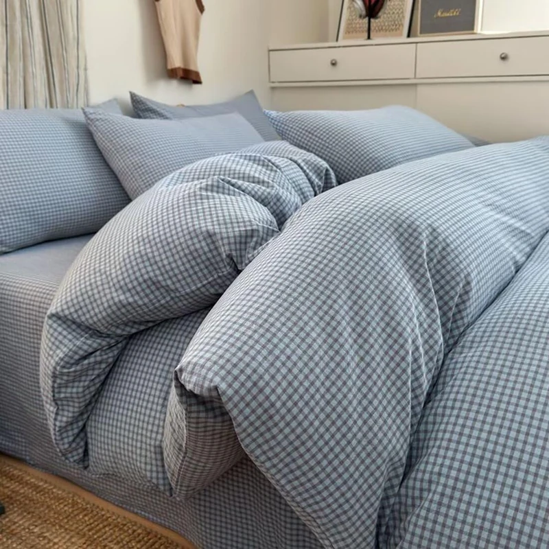 PinkMemory Blue Gingham Duvet Cover Bedding Set King 100% Washed Cotton Blue Plaid Checkered Duvet Cover 3pcs Modern Grid Gingham Bedding with Zipper Closure Ultra Soft Breathable