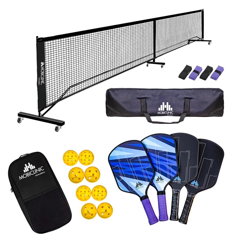 Mobiclinic®, Pickleball Set, 4 Fiberglass Paddles, 8 Indoor and Outdoor Balls, Net with Wheels, Carry Bag, Honeycomb Polypropylene Core, Mobiall, Non-Slip Grip
