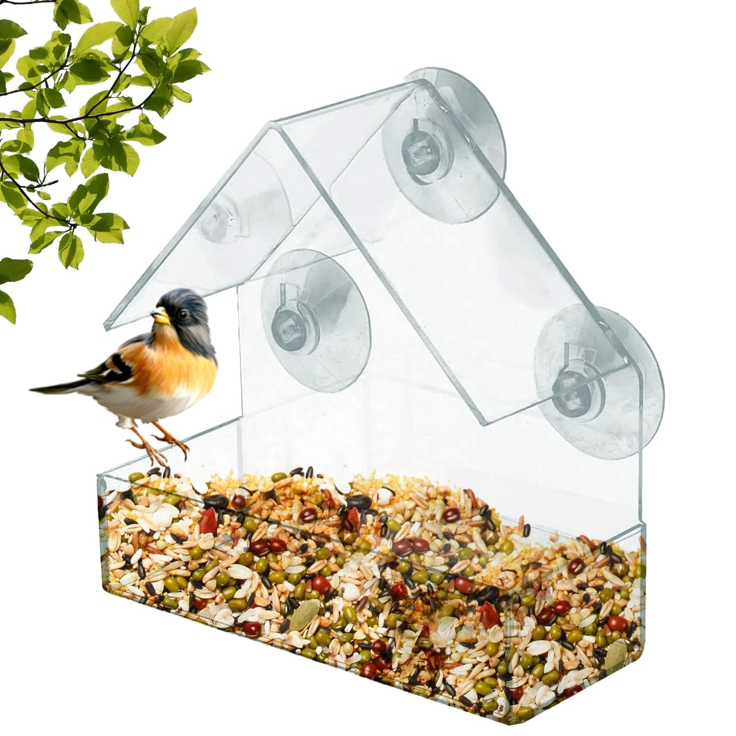 Window Bird Feeder – Clear Acrylic Bird Feeder with Strong Suction Cups & Roof – Easy Fill & Clean, Seasons