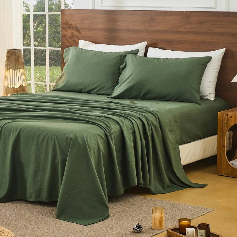 Bedlifes 100% French Pure Linen Sheets California King Size Breathable and Cooling Flax Sheet Set Soft Durable and Moisture Wicking 16 Inch Deep Pocket-4 Piece(Cal King,Forest Green)