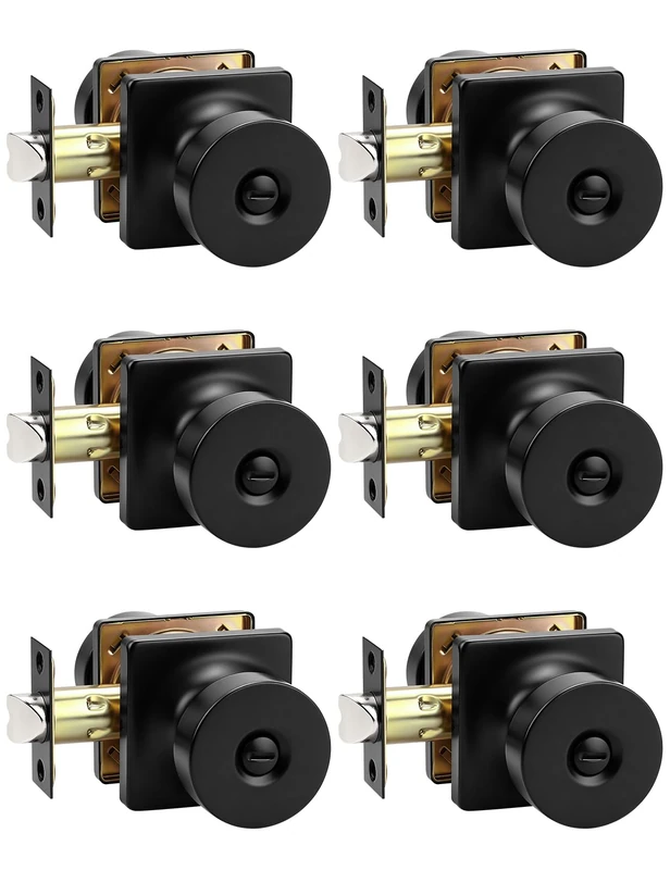 Tinewa 6 Pack Interior Privacy Door Knob with Lock, Matte Black Door Handle for Bathroom and Bedroom, Zinc Alloy Heavy Duty Door Knobs on Square Rose