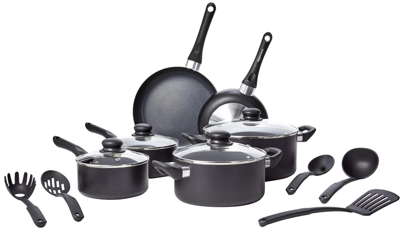 Amazon Basics Ceramic Non-Stick Cookware 15-Piece Set, Pots, Pans and Utensils, Black