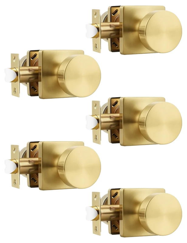 Tinewa 5 Pack Gold Interior Passage Door Knob, Handle for Closet and Hallway Doors, Heavy Duty Square Non-Locking Door Knob, Keyless Door Knobs on Square Rose