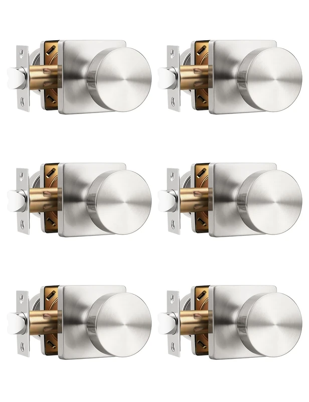 Tinewa 6 Pack Brushed Nickel Interior Passage Door Knob, Handle for Closet and Hallway Doors, Heavy Duty Square Non-Locking Door Knob, Keyless Door Knobs on Square Rose