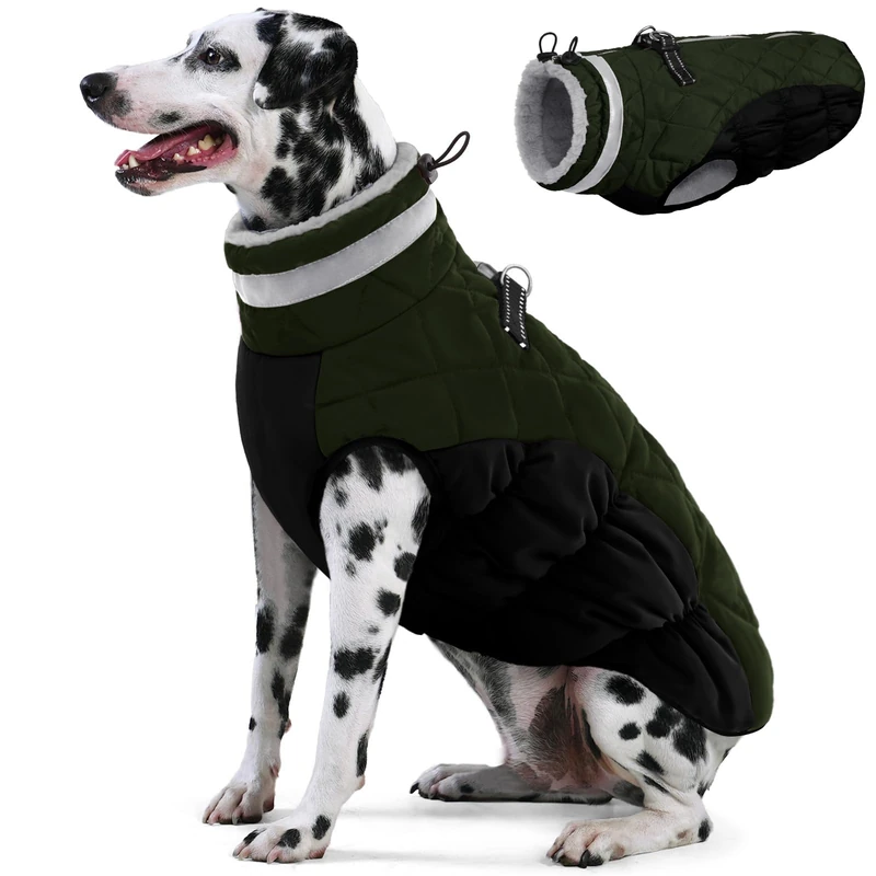 AOFITEE Dog Coat, Warm Dog Jackets for Large Dogs, Reflective Turtleneck Dogs Winter Coat with Harness Built in, Waterproof Windproof Pet Snow Jacket Fleece Vest for Cold Weather, Green XXL