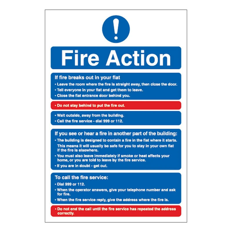 V Safety Fire Action - Stay Put 400 x 600 mm - Glow In The Dark 1mm Rigid Plastic Safety Sign