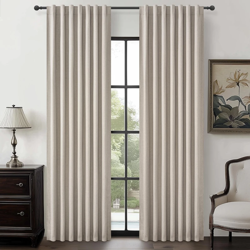 Grey Flax Curtains 86 inch Length 2 Panels Set, Hook Belt&Rod Pocket White Backing Beige Taupe Thermal Living Room/Bedroom/Sliding Door Linen Blackout Curtain Window Boho Summer Drapes (50"Wx86"Lx2)
