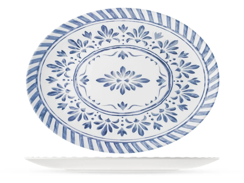 H&H, Set of 6 Azulejo Oval Plates in 100% Decorated Melamine - 35 x 26 cm Dishwasher Safe