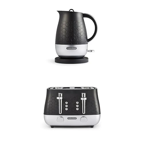 Morphy Richards Cassini Kettle and Toaster Bundle, 1.7L,3Kw Rapid Boil, Precision Pour Spout Kettle & 4 Slice Variable Browning & Width Slots Toaster, Matching Set, Moonless Night Black,103020|243020