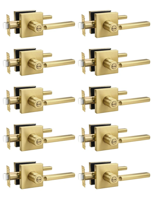 Tinewa 10 Pack Halifax Square Gold Privacy Interior Door Levers, Satin Brass Finish, Bed/Bath Door Levers Keyless Interior Handles Locksets