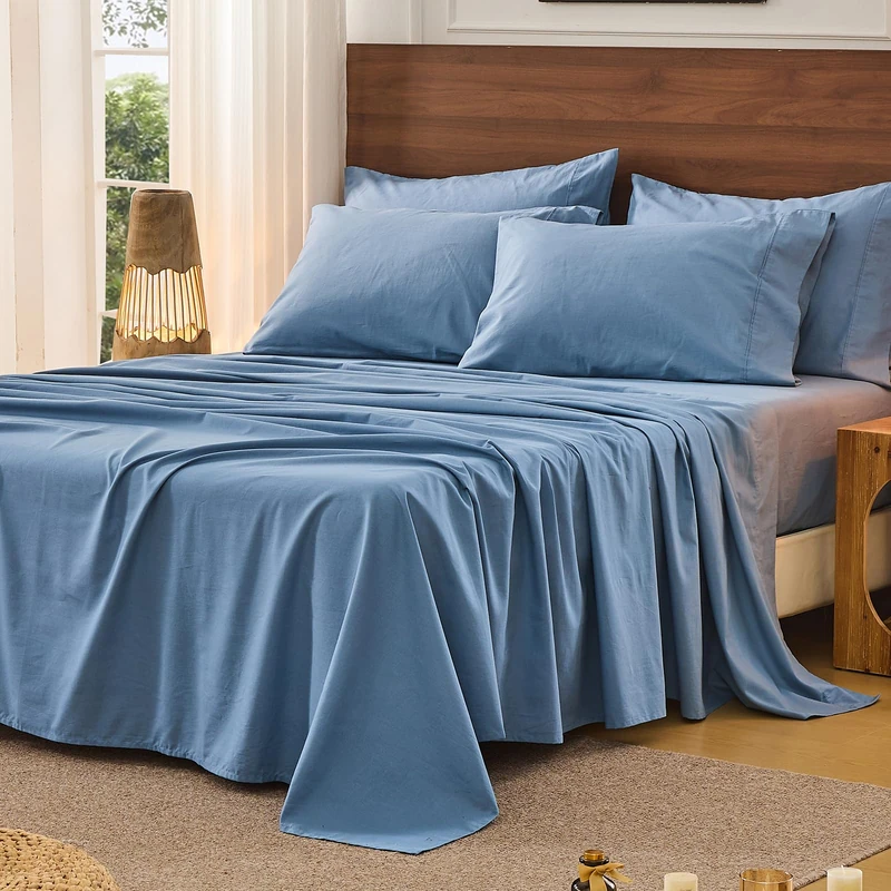 Bedlifes 100% French Pure Linen Sheets California King Size Breathable and Cooling Flax Sheet Set Soft Durable and Moisture Wicking 16 Inch Deep Pocket-4 Piece(Cal King,Flint Blue)