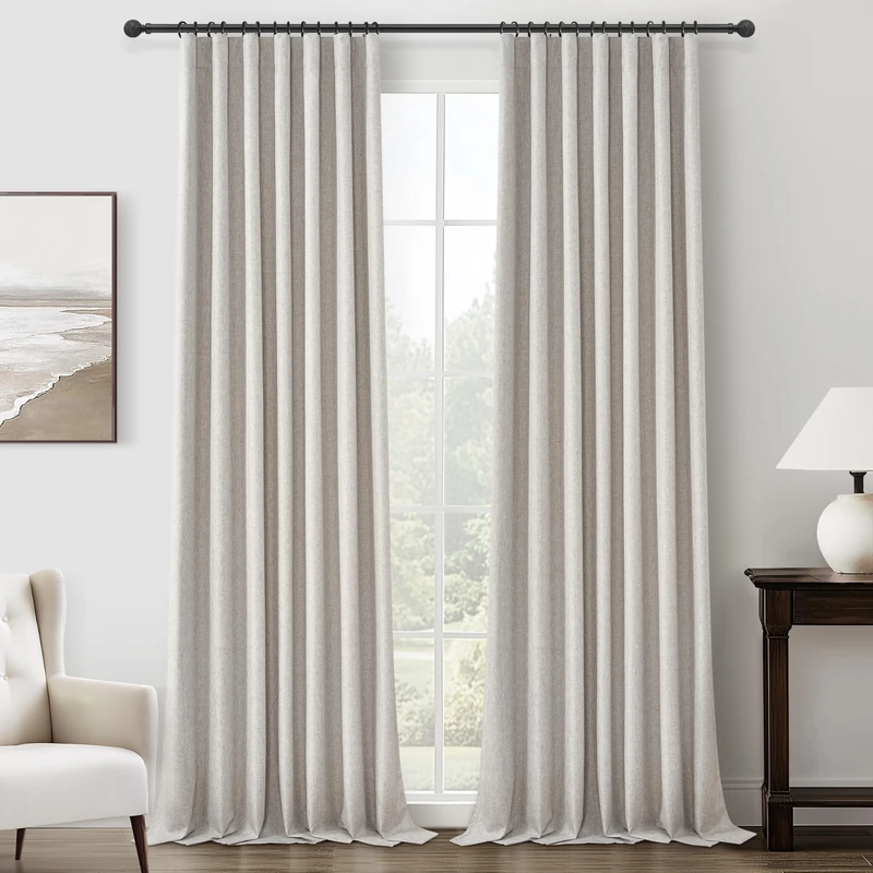 Pleat Linen Blend Room Darkening Curtains 92 Inch Length 2 Panels Set for Living Room, Natural Melange Grey for Bedroom Windows Blackout Drapes Heat Blocking Curtain for Summer Heat (50"Wx92"L)