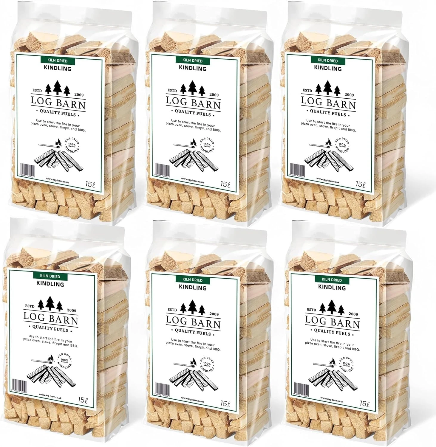 Log Barn Kiln-Dried Kindling Wood for Wood Burner – approx. 13kg (6 x 15l Bags) | Bumper Pack Kindling Sticks for Log Burners, Fire Pits, Pizza Ovens & Open Fires - Ideal for Home & Commercial Use.