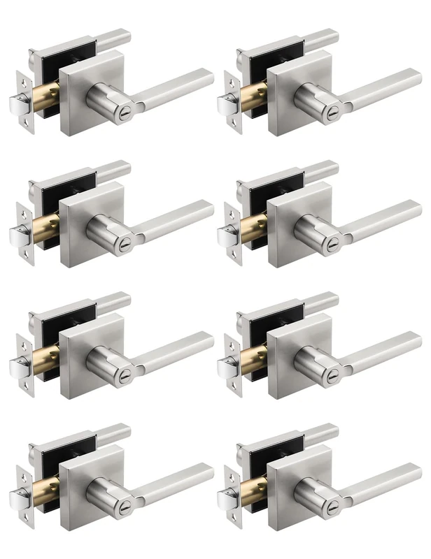 Tinewa 8 Pack Halifax Square Satin Nickel Privacy Door Levers Locksets, Brushed Nickel Finish, Bed/Bath Door Levers Keyless Interior Handles, Reversible for Left Right Handed Doors