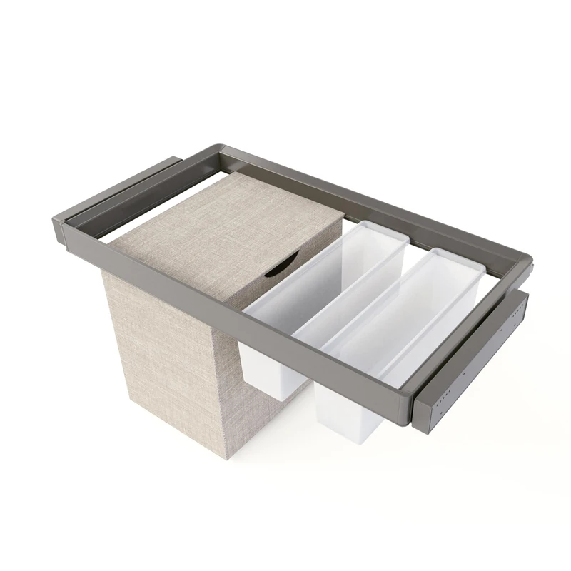 Emuca - Kit of 2 auxiliary trays, 1 laundry basket and adjustable frame Quartz for wardrobes, Soft close and full extension runners, 90cm Module, Titanium Finish