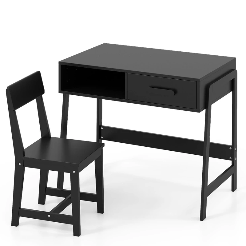 GYMAX Kids Desk and Chair Set, Children Writing Table with Drawer and Storage Hutch, Wooden Student Study Desk Set for Boys Girls, 85x48x70cm (Black)
