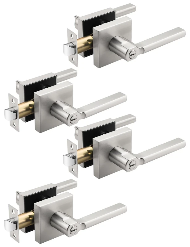 Tinewa 4 Pack Halifax Square Satin Nickel Privacy Door Levers Locksets, Brushed Nickel Finish, Bed/Bath Door Levers Keyless Interior Handles, Reversible for Left Right Handed Doors