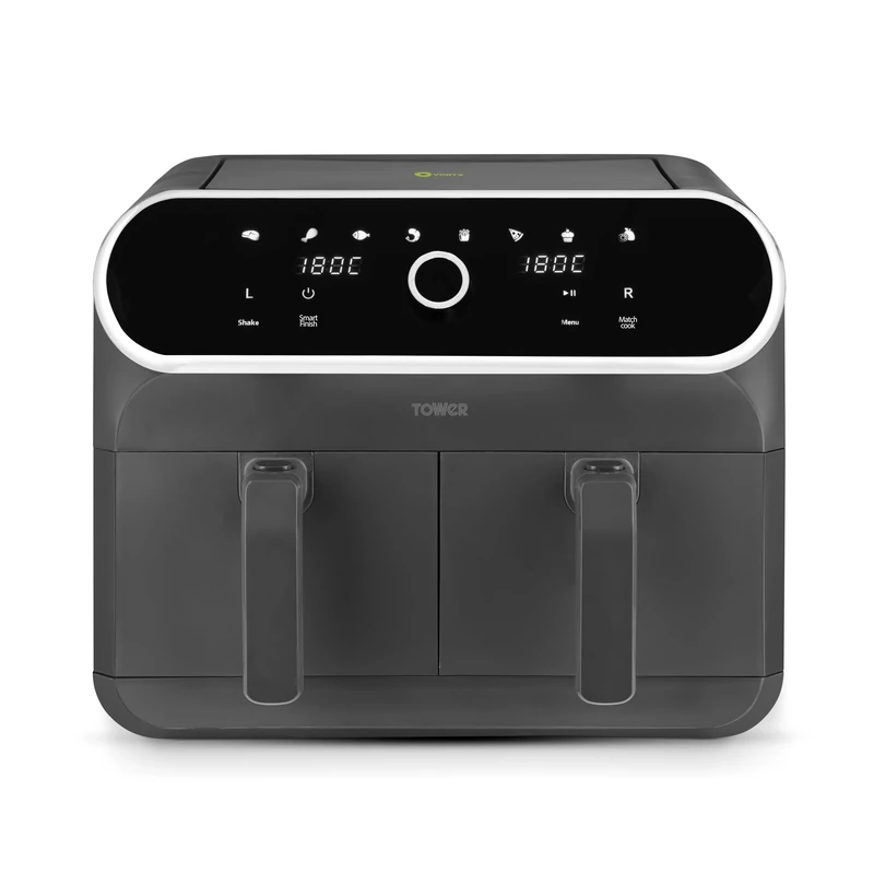 Tower T17194 Elite Dual Basket Air Fryer with Digital Control Panel, Match Cook & Smart Finish Functions, 8 Cooking Presets, Vortx Technology, 8L, 1700W, Graphite