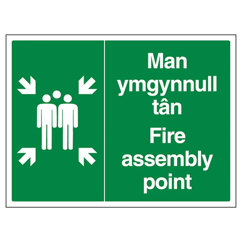 V Safety Welsh/English - Fire Assembly Point - Landscape 600 x 400 mm - Glow In The Dark 1mm Rigid Plastic Safety Sign